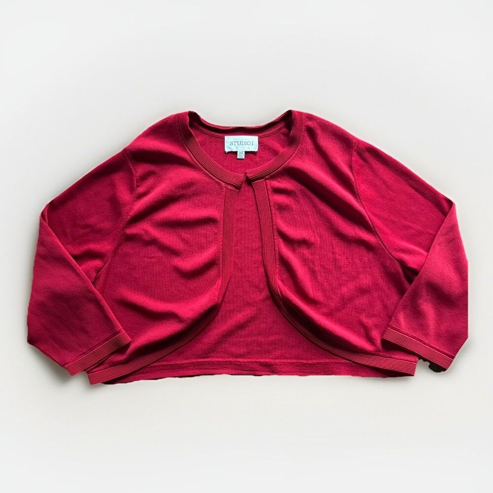 Studio 1 Red Cardigan Shrug Bolero 3/4 Sleeve Open Front Knit Size 18W Holiday